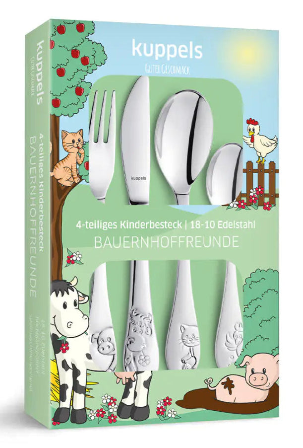 Kinderbesteck mit Gravur personalisiert I 4teilig aus Edelstahl I Namensgravur I Bauernhof-Design I Besteck mit Namen I Personalisiertes Geschenk für Kinder I Taufgeschenk