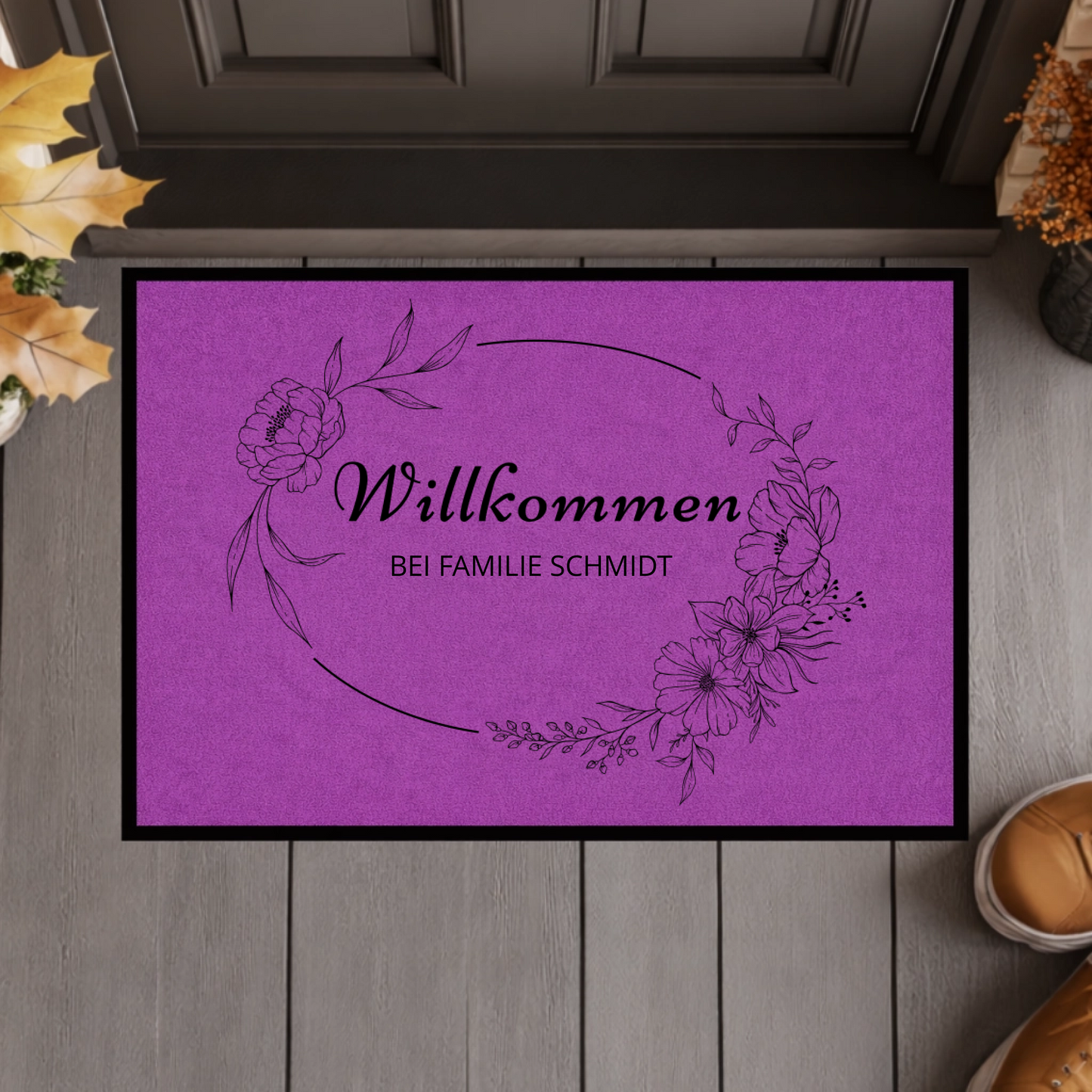 Personalisierte Blumenkranz Willkommen Fußmatte mit Familiennamen – Individuelle schwarze Eingangsmatte, Geschenk zum Einzug