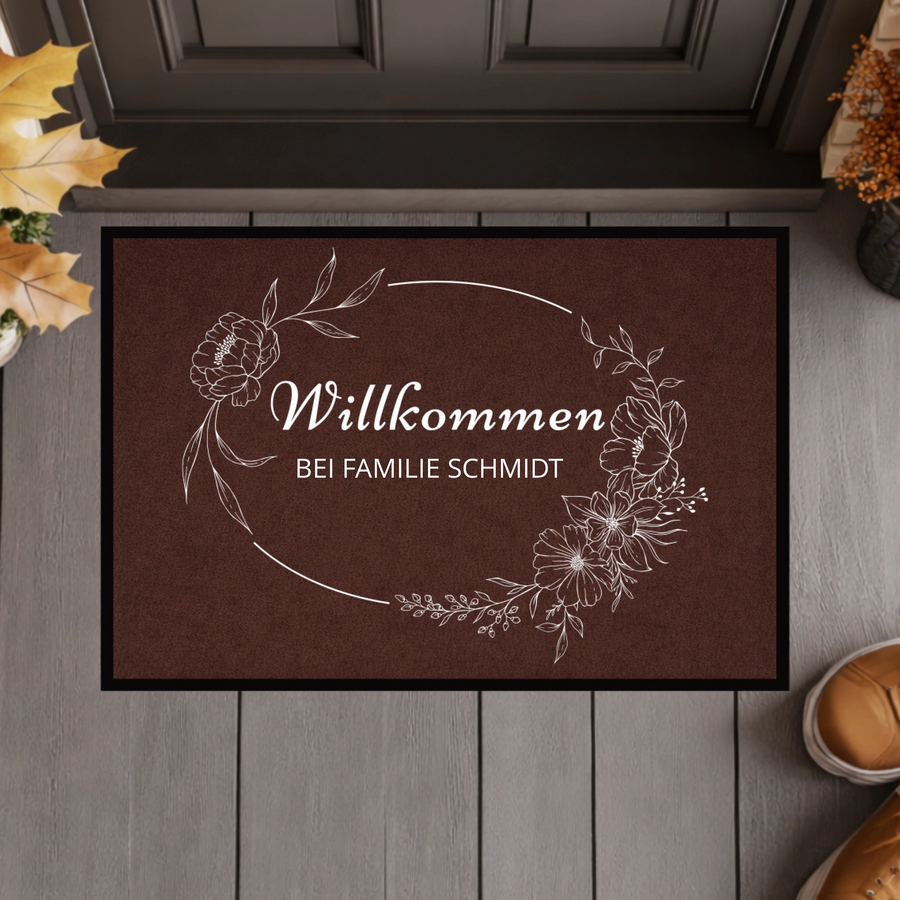 Personalisierte Blumenkranz Willkommen Fußmatte mit Familiennamen – Individuelle schwarze Eingangsmatte, Geschenk zum Einzug