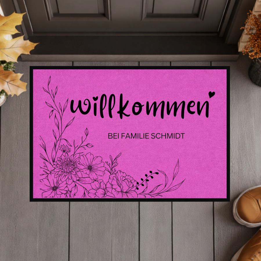 Personalisierte Blumen Willkommen Fußmatte mit Familiennamen – Individuelle Eingangsmatte, Geschenk zum Einzug