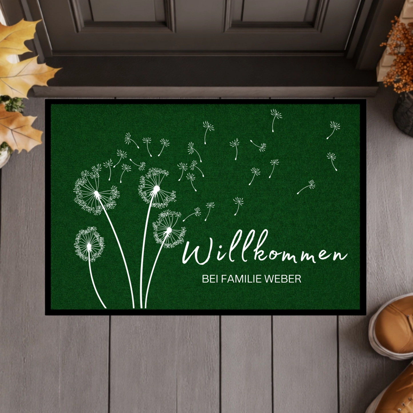 Personalisierte Fußmatte mit Namen – Willkommen bei Familie – Pusteblume Türmatte mit Gummirand