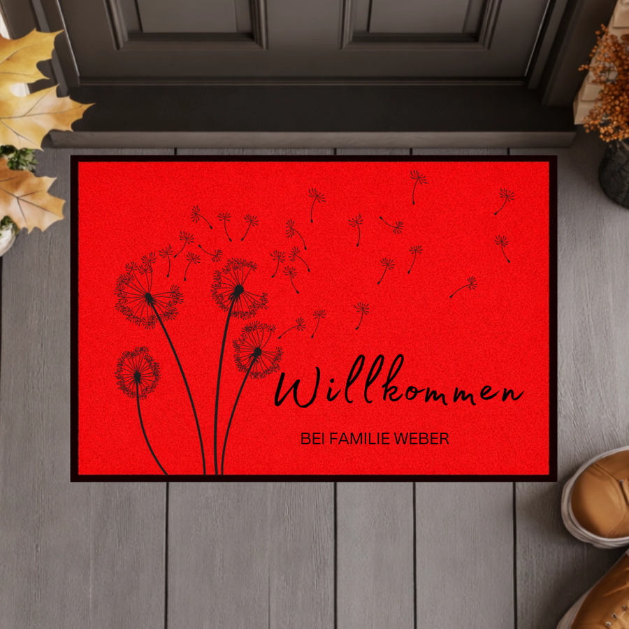Personalisierte Fußmatte mit Namen – Willkommen bei Familie – Pusteblume Türmatte mit Gummirand
