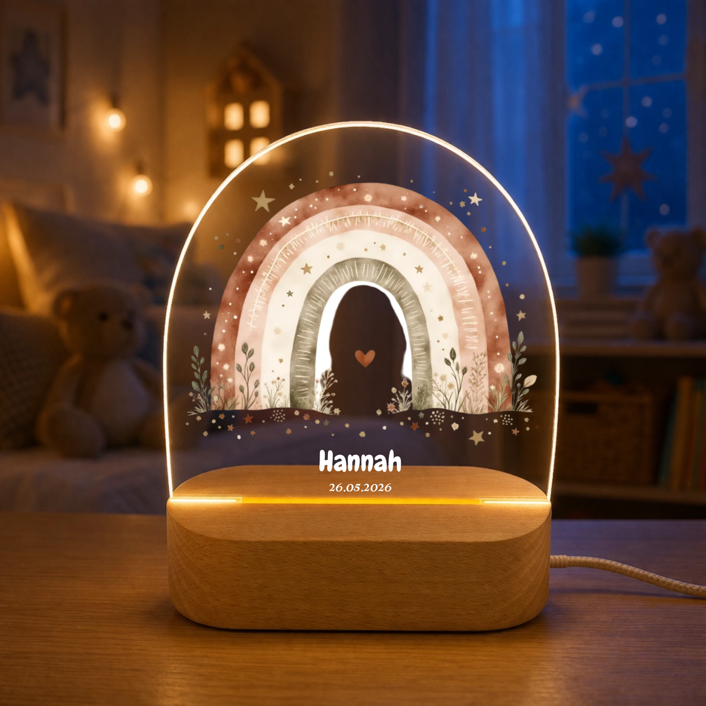 Personalisiertes Nachtlicht mit Regenbogen – LED Acryl Lampe mit Name & Geburtsdatum – Geschenk zur Geburt oder Taufe