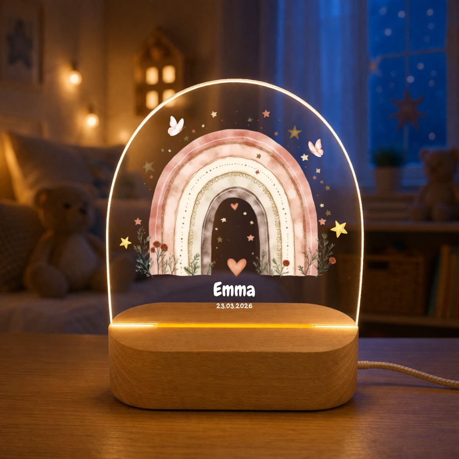 Personalisiertes Nachtlicht mit Regenbogen – LED Acryl Lampe mit Name & Geburtsdatum – Geschenk zur Geburt oder Taufe