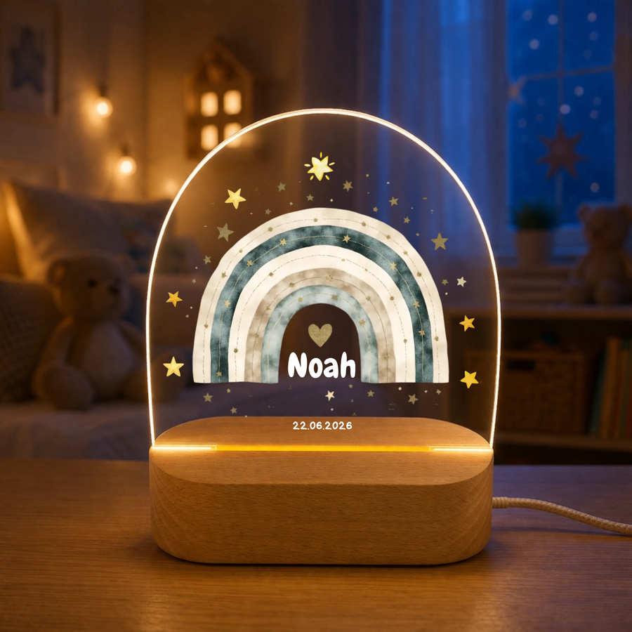 Personalisiertes Nachtlicht mit Regenbogen – LED Acryl Lampe mit Name & Geburtsdatum – Geschenk zur Geburt oder Taufe