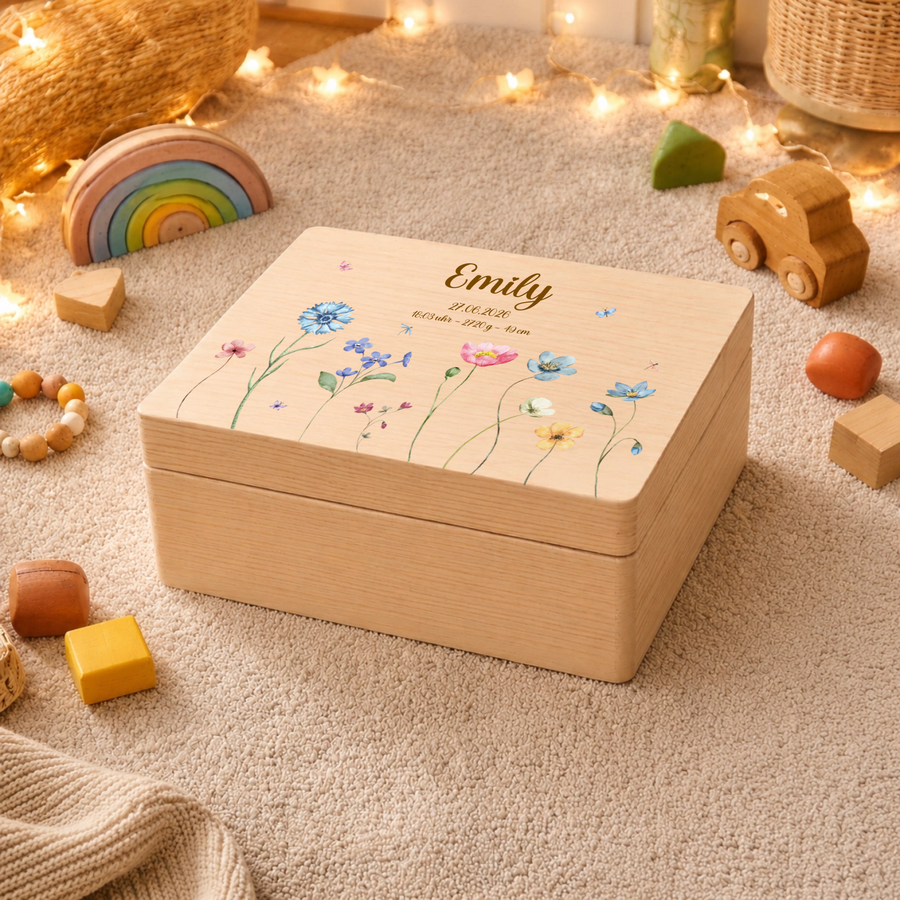 Personalisierte Holzkiste mit Wildblumen & Geburtsdaten | Erinnerungsbox aus Holz mit Wunschname