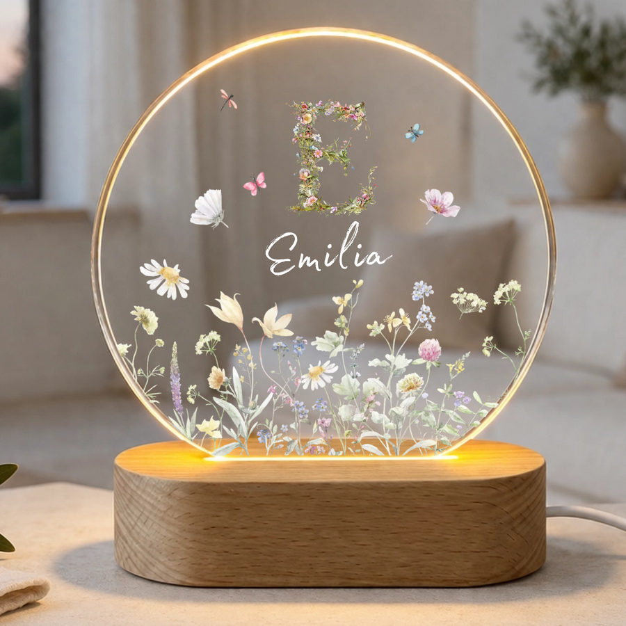 Personalisiertes Herz LED Nachtlicht – Acryl Lampe mit Wunschnamen, floralem Design & Holzsockel