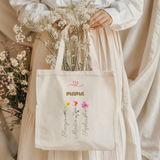 Personalisierte Mama Stofftasche mit Blumen & Kindernamen | Baumwolltasche mit Wunschname