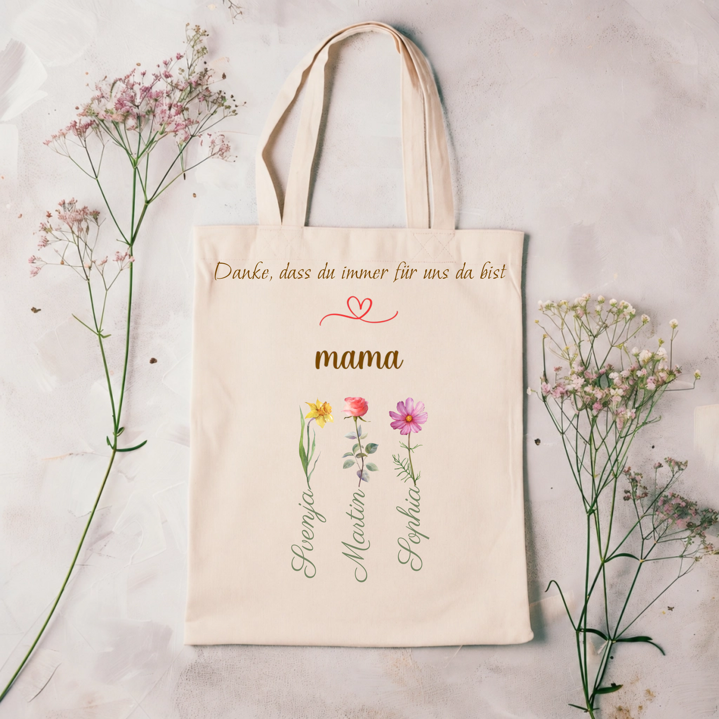 Persönliche Mama Tasche mit Blumen | Individuelles Geschenk für Mutter
