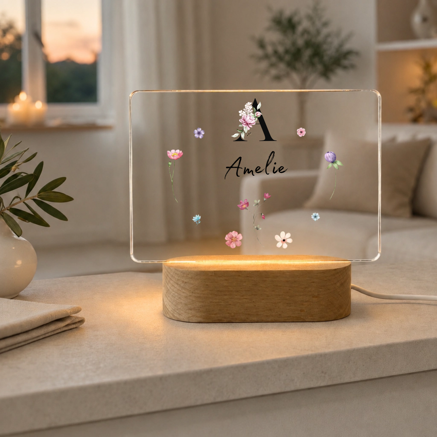 Personalisierte florale LED-Nachtlampe mit Initiale & Name | Individuelle Acryl Lampe als Geschenk für Mädchen, Frauen & Geschwister