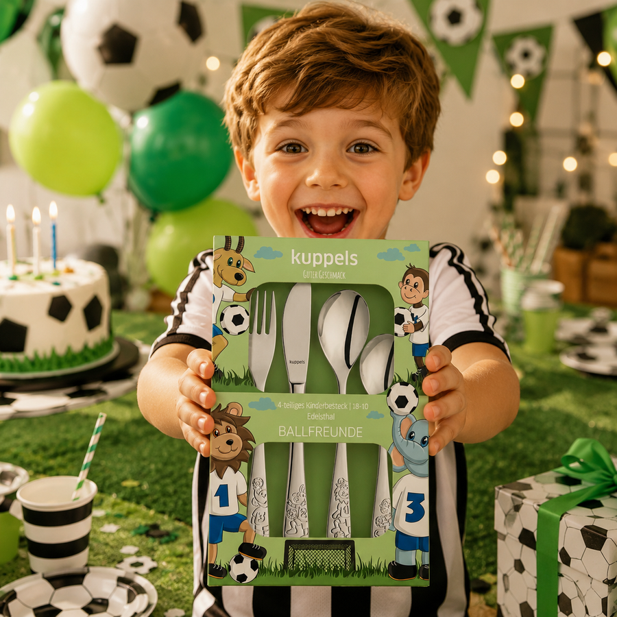 Personalisiertes Kinderbesteck Ballfreunde-Design mit Namensgravur aus Edelstahl