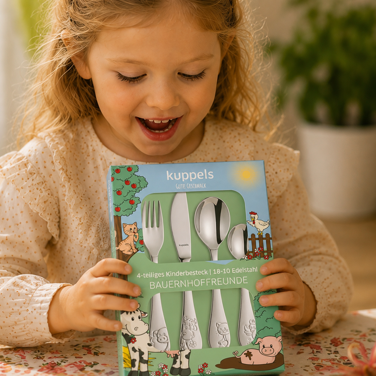 Kinderbesteck Bauernhof-Design mit Namensgravur für Mädchen – 4-teilig Edelstahl