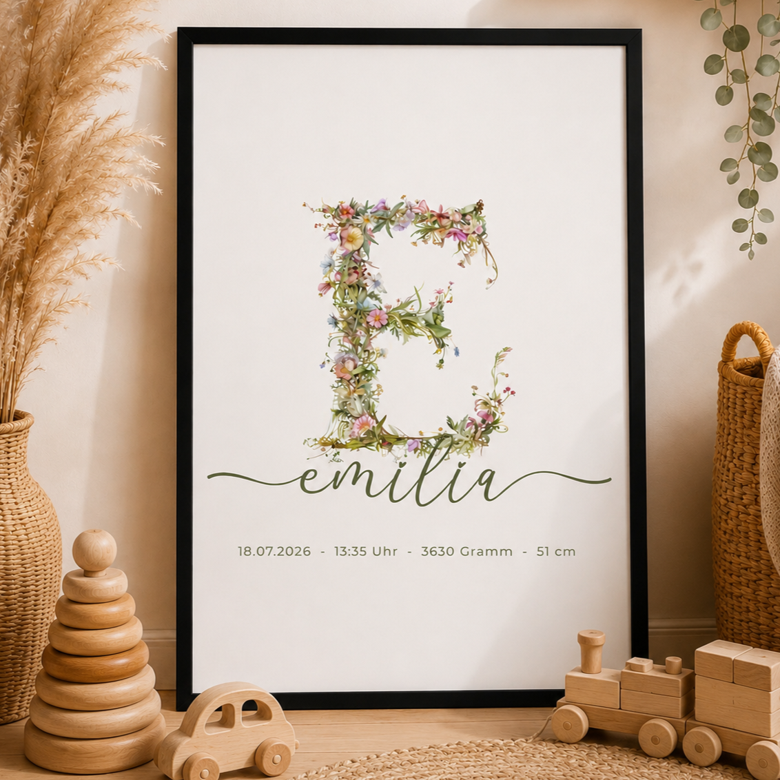 Poster Wildblumen Monogramm Love Line Schrift – Personalisiertes Namensposter mit Geburtsdaten & Initiale