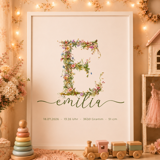 Poster Wildblumen Monogramm Love Line Schrift – Personalisiertes Namensposter mit Geburtsdaten & Initiale