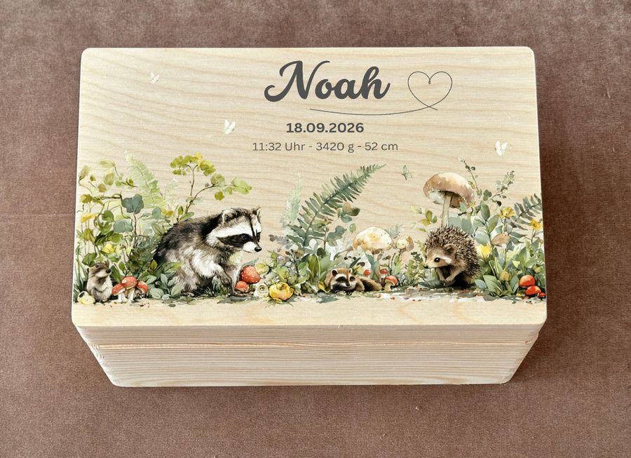 Holzkiste Waschbär, Igel, Maus