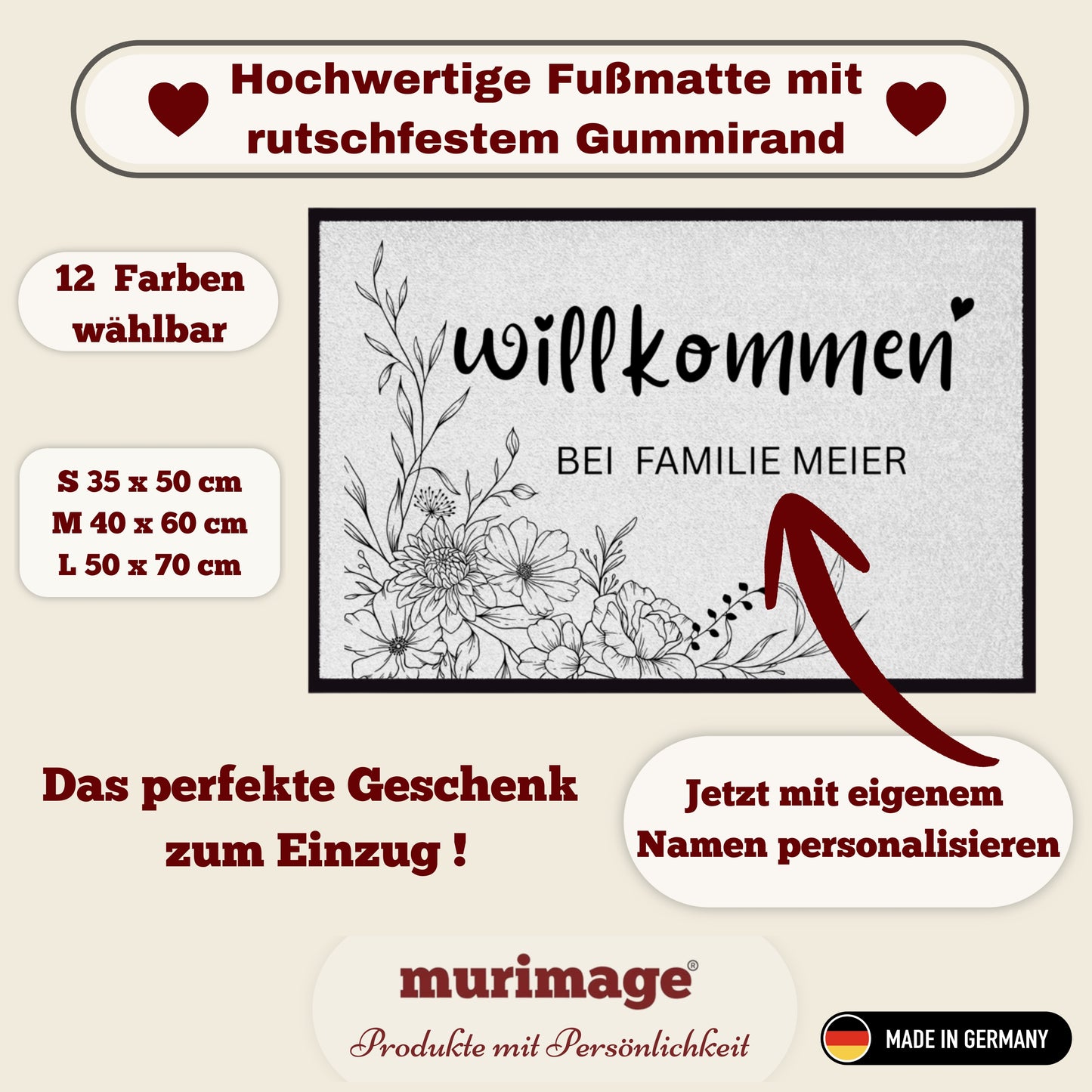 Personalisierte Blumen Willkommen Fußmatte mit Familiennamen – Individuelle Eingangsmatte, Geschenk zum Einzug