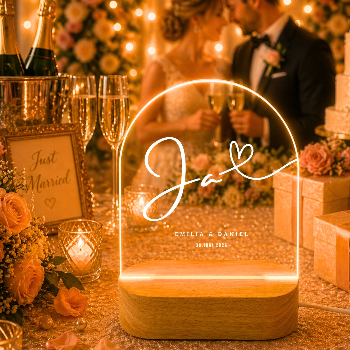 Personalisiertes „Ja“ Hochzeit Nachtlicht mit Namen & Datum – Romantische LED Acryl Lampe für Paare & Hochzeitsgeschenk