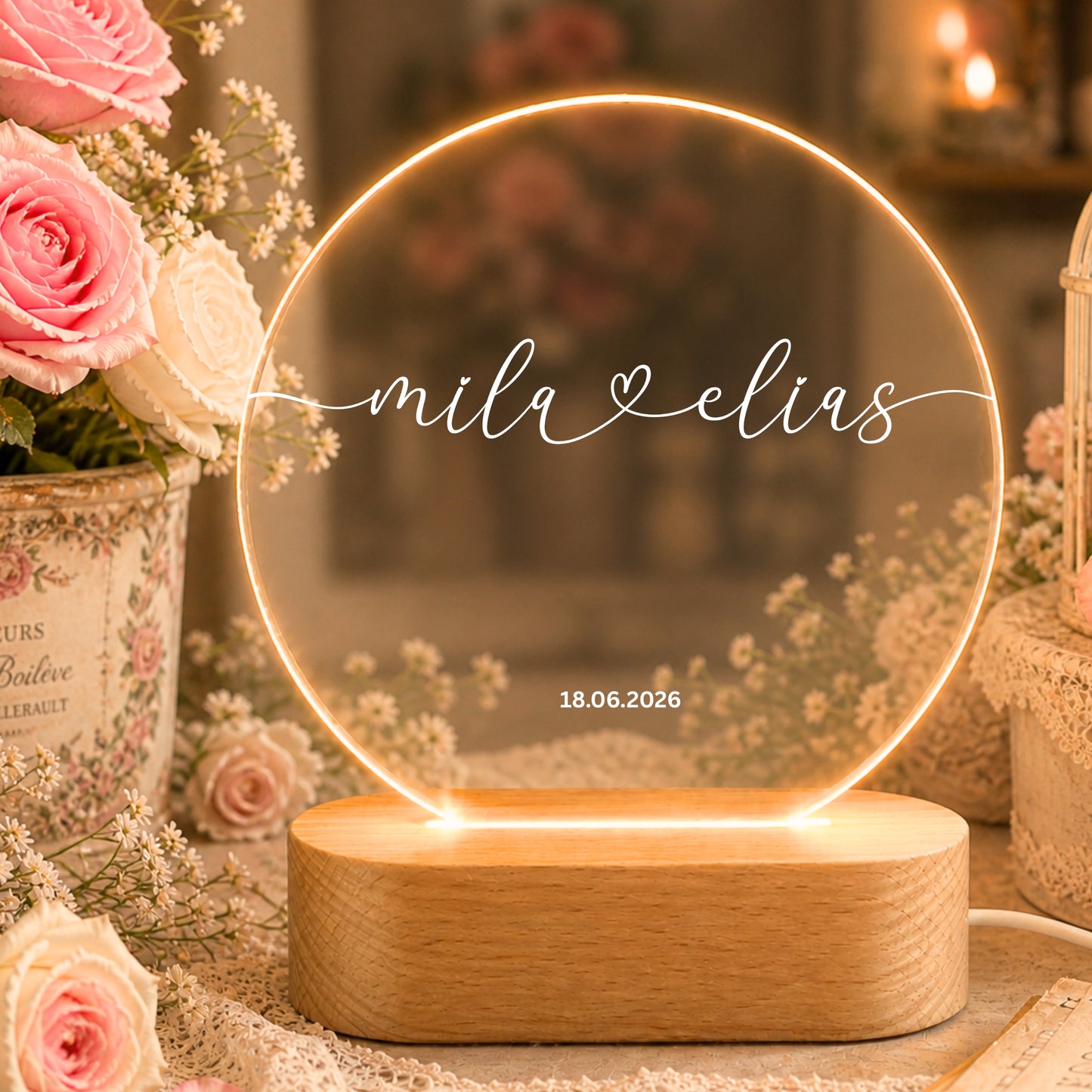Personalisiertes Herz Nachtlicht mit Namen & Datum – Romantische LED Acryl Lampe für Paare & Hochzeitsgeschenk