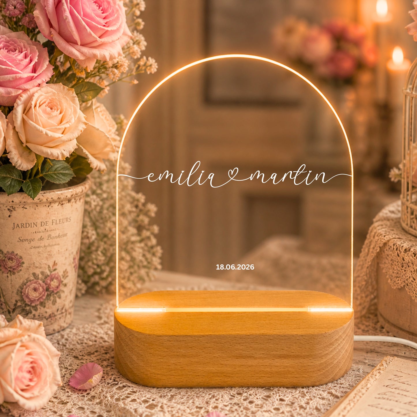 Personalisiertes Herz Nachtlicht mit Namen & Datum – Romantische LED Acryl Lampe für Paare & Hochzeitsgeschenk
