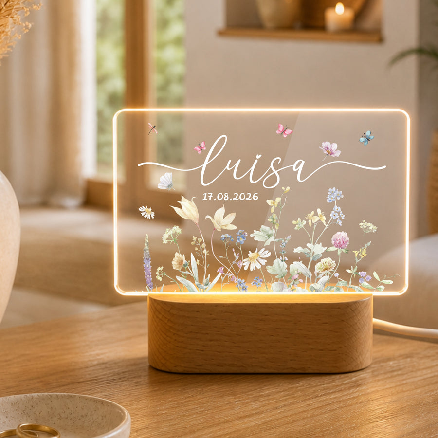 Personalisierte LED Acryl Lampe mit Name & Geburtsdatum – Blumen Nachtlicht als Geschenk zur Geburt, Kinderzimmer Deko