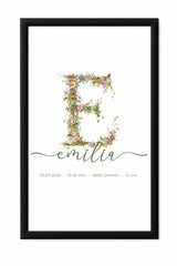Poster Wildblumen Monogramm Love Line Schrift – Personalisiertes Namensposter mit Geburtsdaten & Initiale