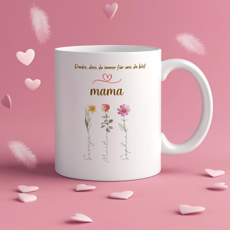 Personalisierte Mama Tasse mit Kindernamen & Blumen | Keramiktasse mit liebevoller Botschaft