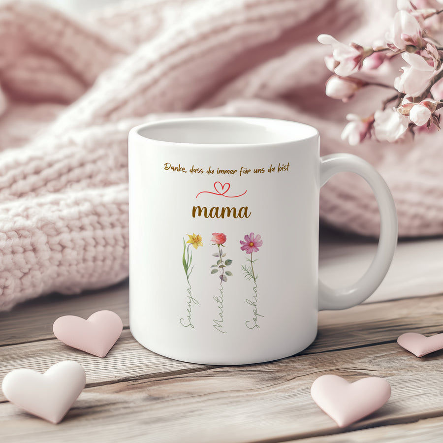 Personalisierte Mama Tasse mit Kindernamen & Blumen | Keramiktasse mit liebevoller Botschaft