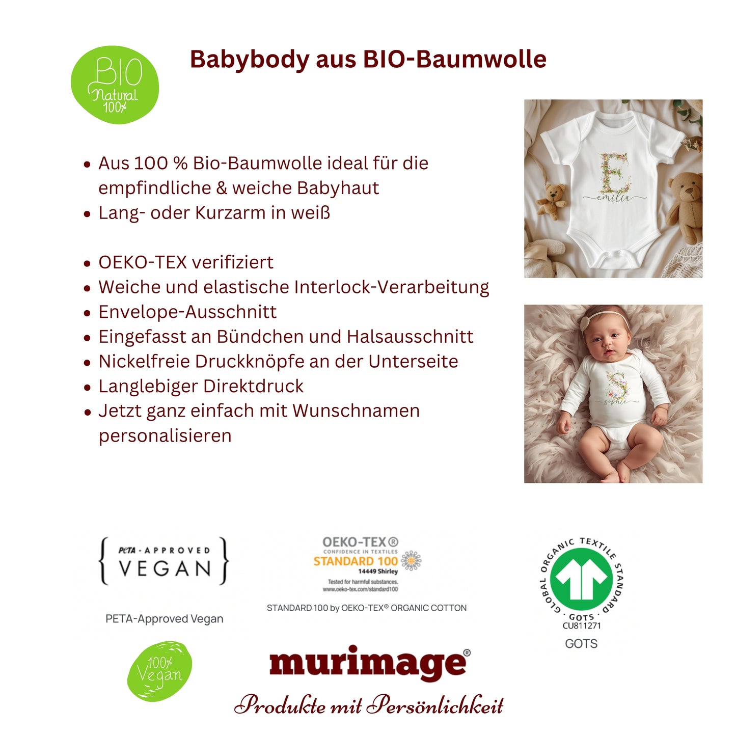 Personalisierter Baby Bio Body mit Wildblumen Monogramm & Namen – Geschenk zur Geburt für Mädchen & Jungen