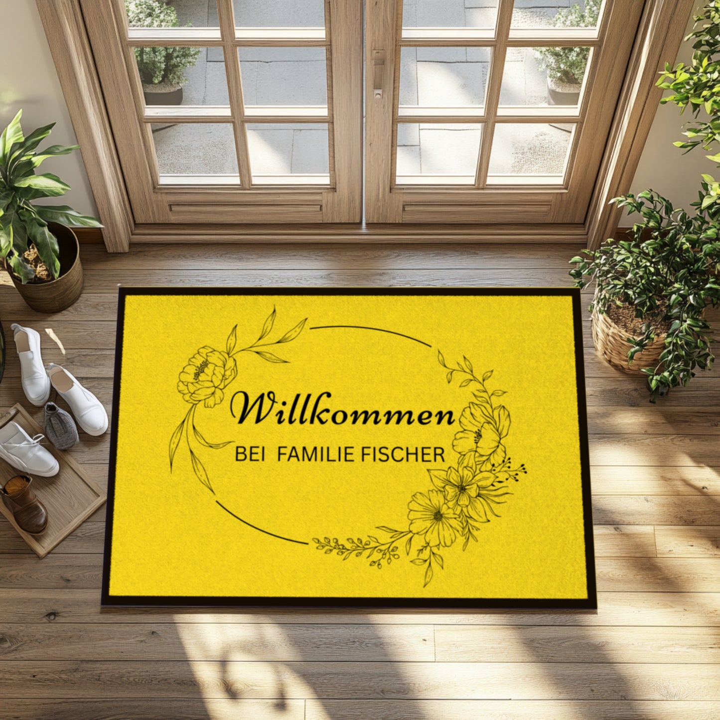 Personalisierte Blumenkranz Willkommen Fußmatte mit Familiennamen – Individuelle schwarze Eingangsmatte, Geschenk zum Einzug